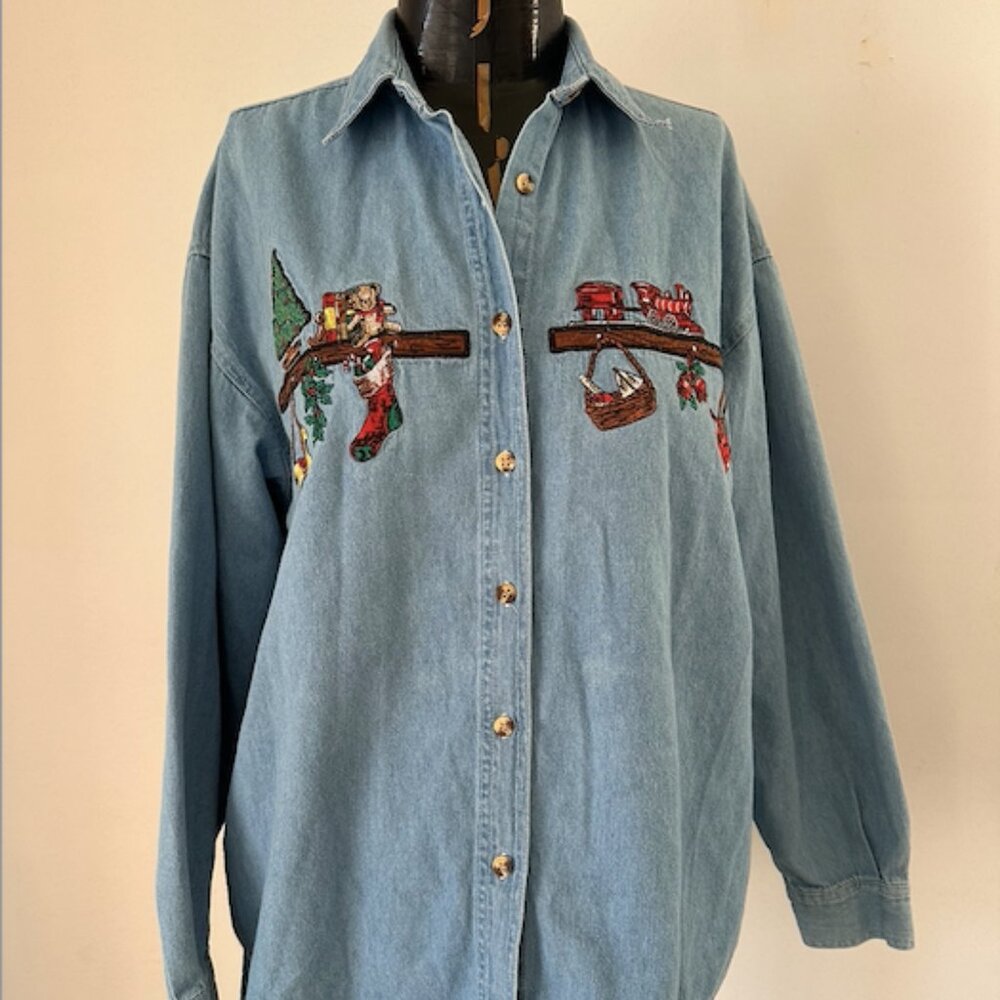 Vintage Embroidered Christmas Denim Button Down